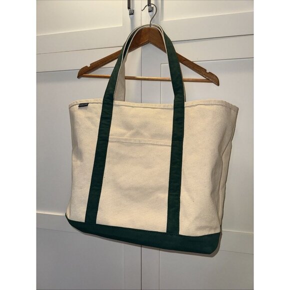 Lands End Boat and Tote XL Tote Bag Handbag Green Ivory USA - Picture 1 of 10